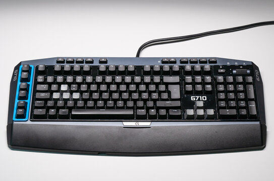 Gothenburg, Sweden - July 22 2024: Full size Logitech G710 mechanical keyboard displayed in studio environment.