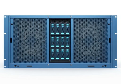 Blue industrial server rack enclosure with storage drives isolated on white background