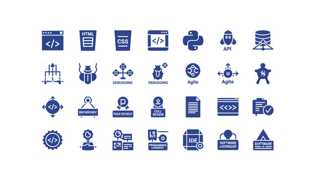 Software development icons collection in blue