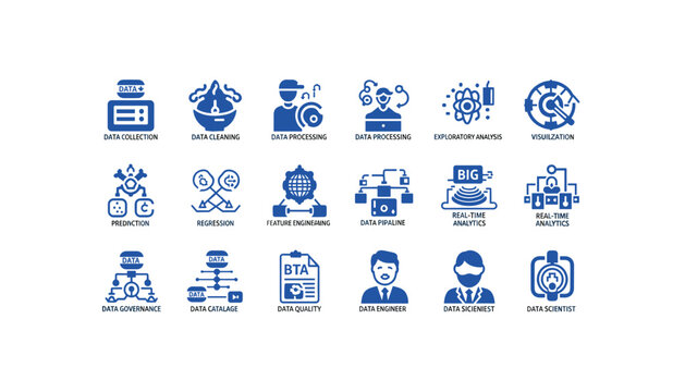 Data science and analytics concepts illustrated in blue icons