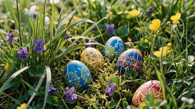 Hand-painted Easter eggs in traditional folk style, multicolored, spring holiday celebration