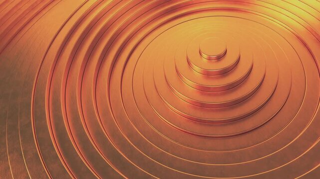 Copper concentric rings rippling and pulsing in a seamless looping 3D animation. Sound wave frequencies, economic cycles, and luxury abstract backgrounds.