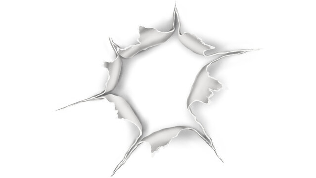 Torn Hole in White Paper Surface with Ragged Edges, Breakthrough Concept and Center Copy Space