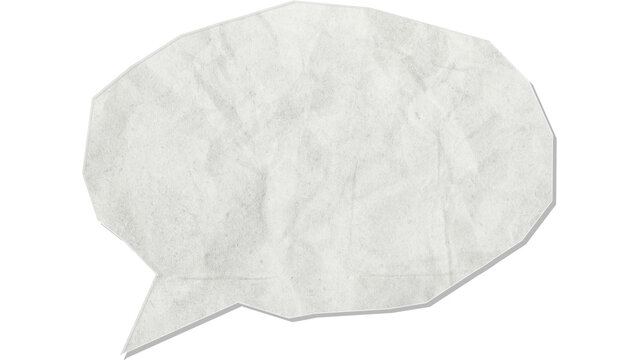 Blank speech bubble made of crumpled white paper texture isolated on white background for communication and message design