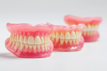 Obraz premium Three Sets of Complete Dentures Lined Up on a White Surface