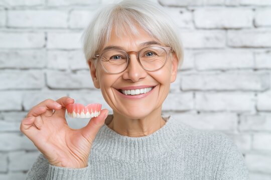 Happy Senior Woman in Glasses Showing Her Partial Denture
