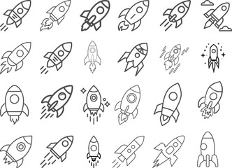 Fototapeta premium Set of rocket vector icons. Launch spaceship or spacecraft. Rocket fast flying for space. New business start up. Rocket icon, rocket sign vector Set of eight rocket launch icon variations Space Rock.