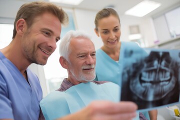 Fototapeta premium Dental Team Discussing a Senior Patient's X-ray in a Clinic