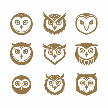Collection of owl face icons brown.