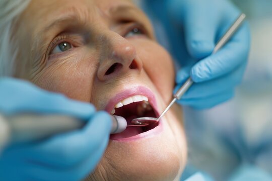 Elderly woman having a dental check-up for her false teeth