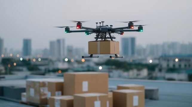 Autonomous hexacopter drone hovering above warehouse rooftop at dusk, LED status lights glowing red and green, cardboard packages secured in undercarriage mesh, urban skyline background, ideal for