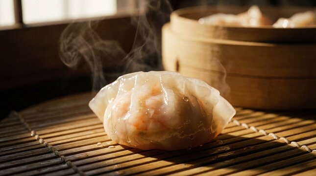 Closeup of steaming freshly cooked dumpling on bamboo mat with bamboo steamer basket and rising steam in soft natural light on wooden surface