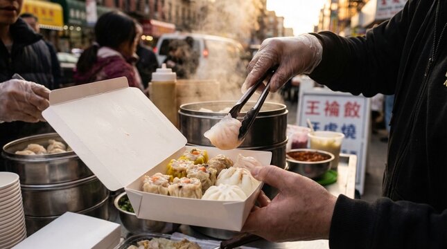 Street food vendor serving steaming dim sum dumplings into a white takeout box with tongs in an urban outdoor market setting