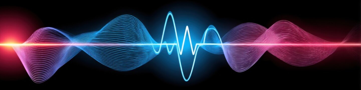 Neon sound wave with glowing light lines on dark background digital audio signal visualization