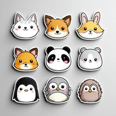 Naklejka premium Cute Kawaii Animal Sticker Set Featuring a Cat, Dog, Fox, Rabbit, Bear, Panda, Penguin, Owl, and Hedgehog Arranged in a 3x3 Grid