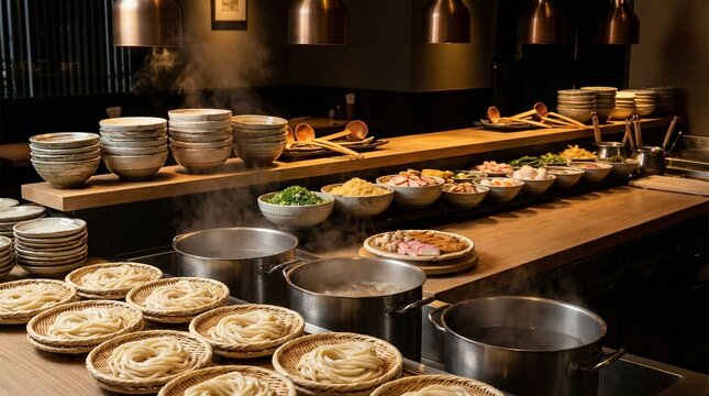 Noodle preparation station with steaming pots, bowls of ingredients, wooden ladles, and plated noodles on a wooden countertop in a professional restaurant kitchen mise en place setup