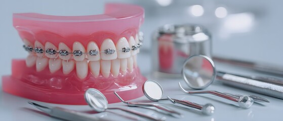 A dental model displaying braces alongside essential dental tools. The image highlights dental hygiene and orthodontic care, perfect for educational and medical contexts.