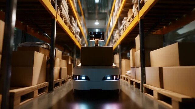 Autonomous Warehouse Robot Navigating Aisles Between Stacked Boxes, Efficiently Managing Inventory in a Modern Automated Storage Facility Setting