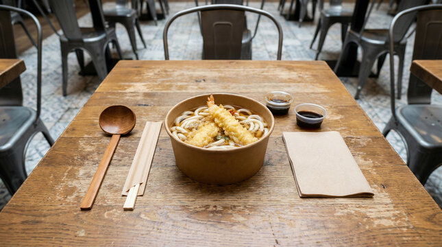 Tempura udon noodle bowl with crispy shrimp tempura served in a brown paper bowl on wooden table with wooden spoon, chopsticks in paper sleeve, two small soy sauce containers, and brown napkin in casu
