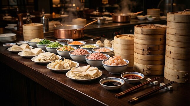Dumpling preparation setup with bowls of minced meat, chopped vegetables, dumpling wrappers on plates, stacked bamboo steamers, soy and chili sauces, chopsticks on wooden countertop in kitchen
