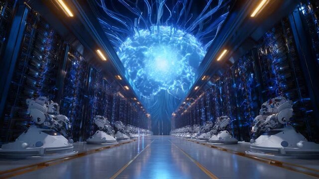 Futuristic Robotics Laboratory: An Advanced Display of Autonomous Robots Underneath a Massive Reacting Energy Sphere Lighting Up the High-Tech Environment