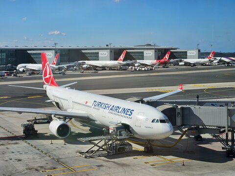 ISTANBUL - SEP 18, 2025: White and red plane with the word Turkish Airlines on the side. The plane is parked on the tarmac at an airport