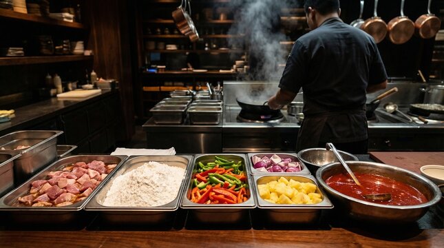Chef cooking at a professional stove with raw meat, flour, bell peppers, onions, pineapple chunks, and red sauce arranged in metal containers for a colorful mise en place kitchen setup