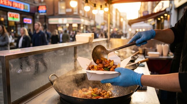 Person wearing blue gloves serving steaming stir-fry vegetables and meat from large wok into white takeout container at outdoor street food market with blurred crowd and neon signs