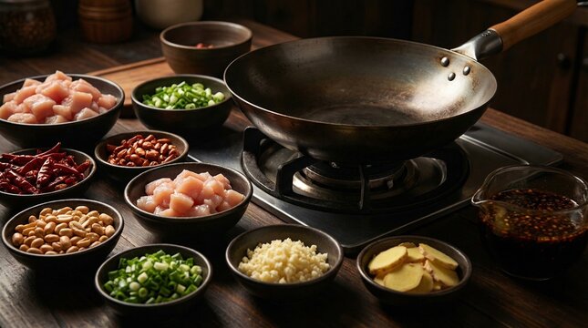 Metal wok with wooden handle on a gas stove surrounded by bowls of diced raw chicken, chopped green onions, ginger, garlic, dried red chili peppers, peanuts, and dark sauce for Asian cooking prep