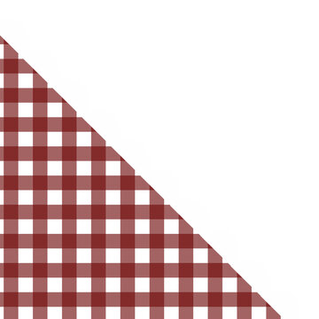 Red gingham corner pattern isolated on white background, checkered tablecloth diagonal frame border