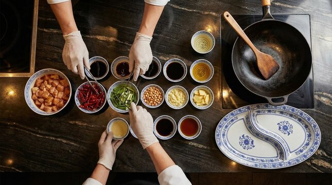 Top view of gloved hands arranging chopped chicken, dried red chilies, green onions, chickpeas, garlic and ginger in small bowls beside a wok for organized cooking mise en place