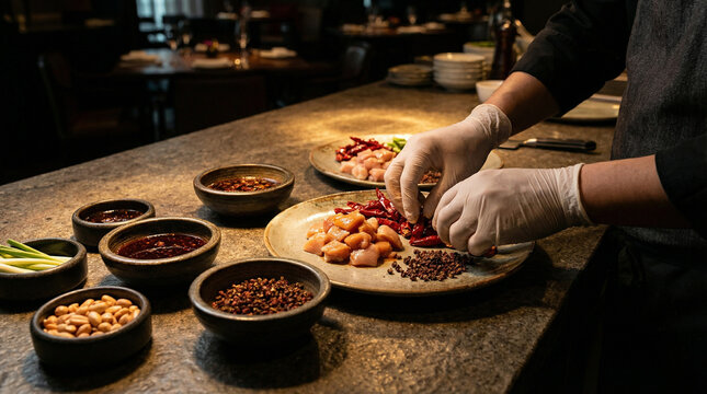 Chef wearing gloves arranging raw chicken pieces, dried red chili peppers, Sichuan peppercorns, peanuts, green onions, and sauces on plates for a colorful Asian cooking mise en place