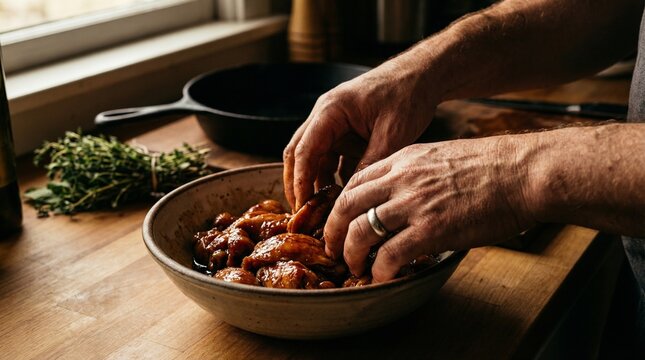 Hands marinating raw chicken wings in a bowl on a wooden countertop with fresh herbs and a cast iron skillet, natural window light, rustic home kitchen food preparation scene