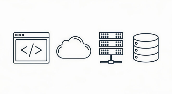Software development and cloud computing infrastructure icons including web browser server and database storage.