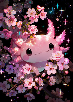 a pink creature surrounded by cherry blossoms and sparkles in the dark adorable creature cherry blos