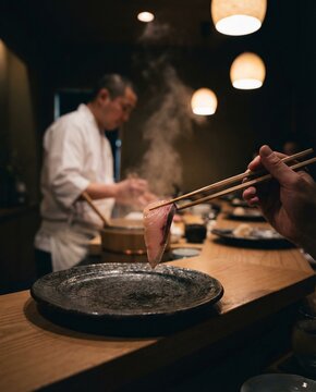 Close-up of sushi held with chopsticks over a black plate on a wooden counter with a steaming pot and chef in a white uniform in the background under hanging lights