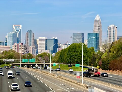 The Charlotte, North Carolina skyline cityscape with blue sky copy space