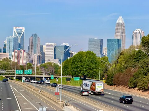 The Charlotte, North Carolina skyline cityscape with blue sky copy space