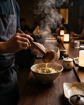 Person pouring steaming broth into a bowl of noodles on wooden table in dimly lit dining setting with ceramic containers and candles