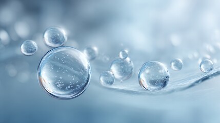 Fototapeta premium Clear Water Droplets on Soft Blue Background with Gentle Bokeh Effect