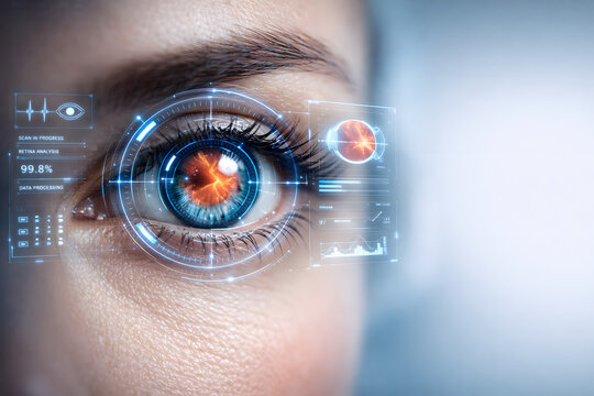 Futuristic close-up eye scan with glowing retina interface, blue tones, ultra detailed iris, clinical setting, digital optometry concept, minimal composition with copy space, high-tech healthcare 