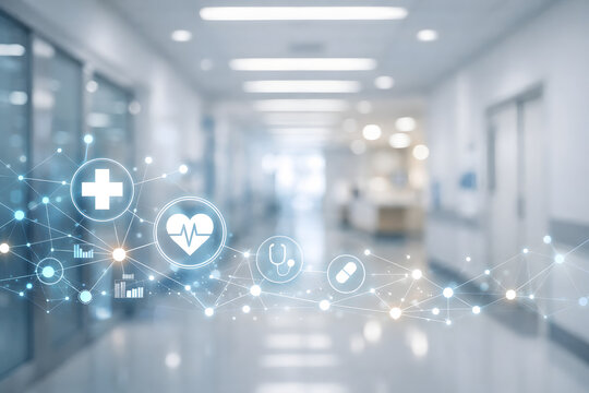 Futuristic hospital corridor with holographic medical network, glowing healthcare icons and data connections, clean minimal design, soft light, depth of field, high detail, copy space.
