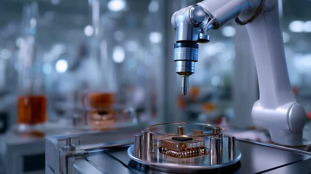 A robotic arm meticulously performs precision engineering on microchips in a futuristic laboratory, showcasing advanced automation technology and intricate detail.