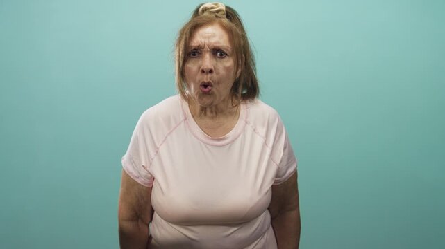 Woman gasps with open mouth, standing front facing in studio against turquoise backdrop, wearing pink tshirt and ponytail; surprise.