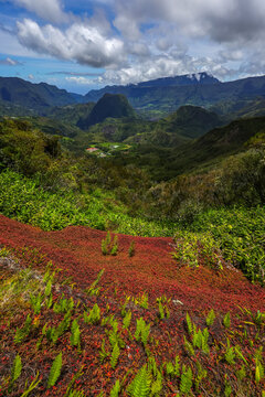 Scenic cloudy landscape of Cirque de Salazie, La Reunion island, French oversea department, Indian Ocean	
