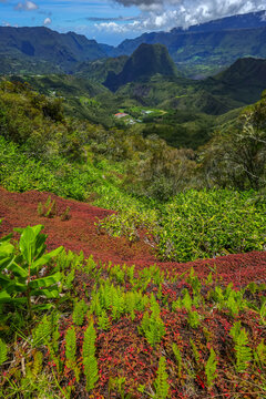 Scenic cloudy landscape of Cirque de Salazie, La Reunion island, French oversea department, Indian Ocean	