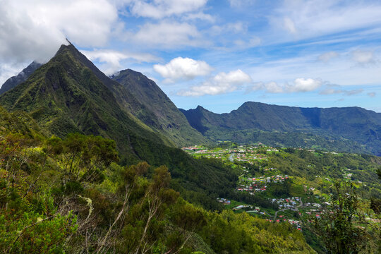 Scenic cloudy landscape of Cirque de Salazie, La Reunion island, French oversea department, Indian Ocean	
