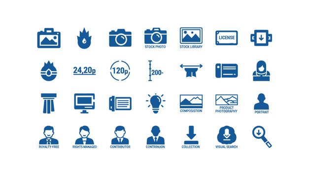 Collection of stock photo and licensing icons for creative projects
