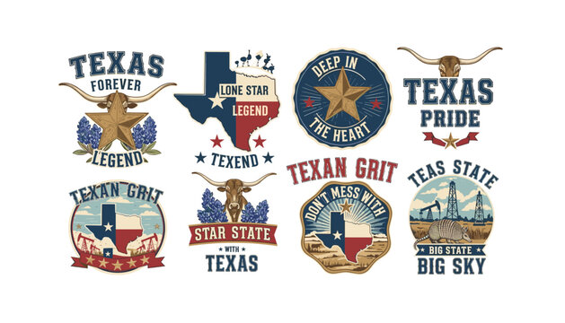 Vibrant Texas themed stickers with longhorns and state maps