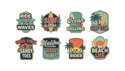 Obraz premium Vibrant beach stickers with surfing and travel themes for summer fun